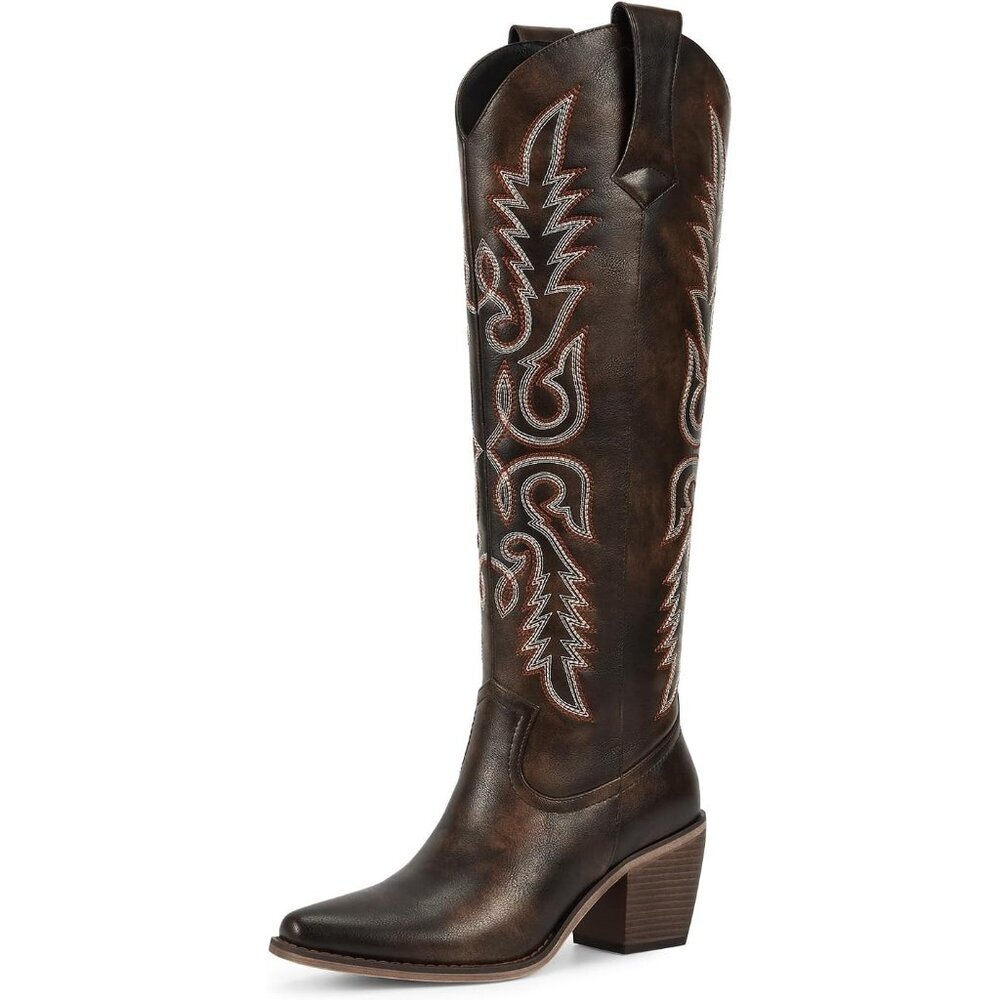 Women's Chocolate Faux Leather Pointed Toe Fashion Cowboy Boots Side Zipper
